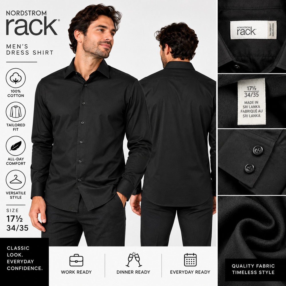 Nordstrom Rack Men's 34/35 Fit 17.5 Black Long Sleeve Non-Iron Trim Dress Shirt